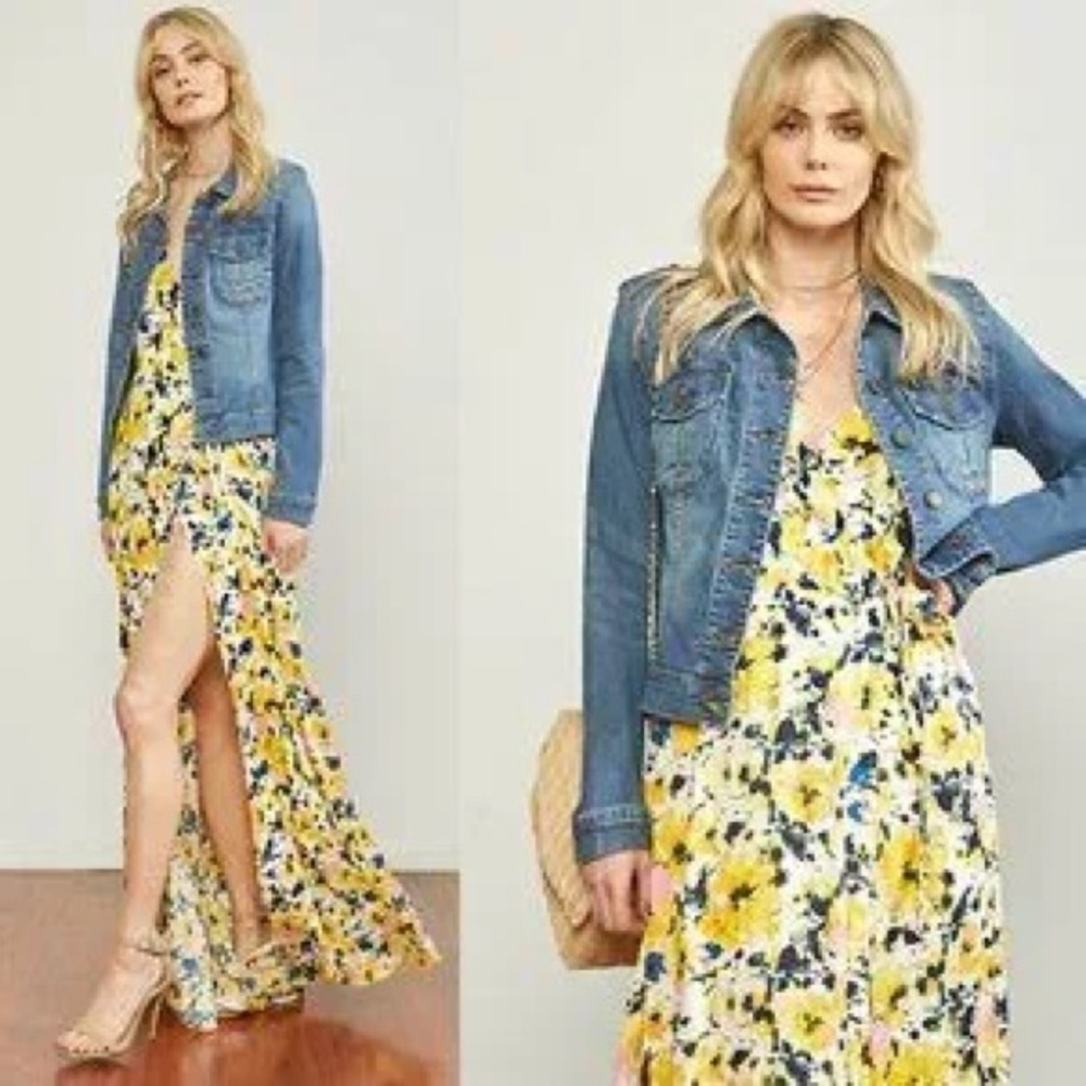 korye Yellow & Blue Floral Ruffle Gauze High-Slit Maxi Dress